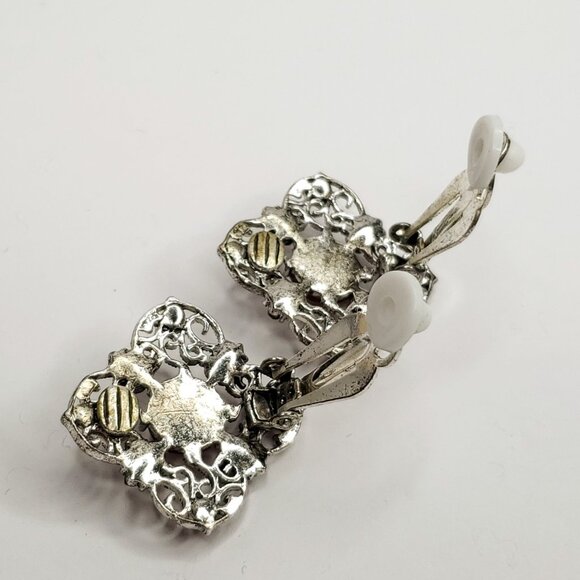 Silver Tone Filigree Clip On Earrings Brown Faceted Rhinestones Beads - Picture 3 of 4